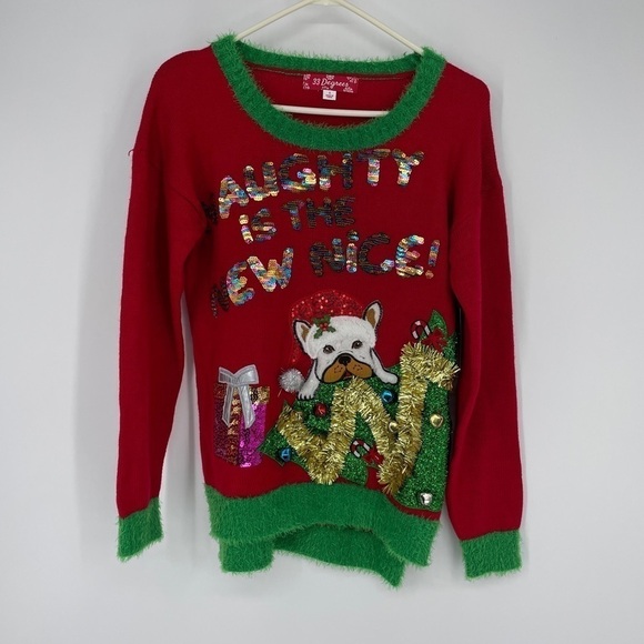 33 Degrees Christmas Sweater Naughty is the New Nice Ugly dog - Picture 1 of 7